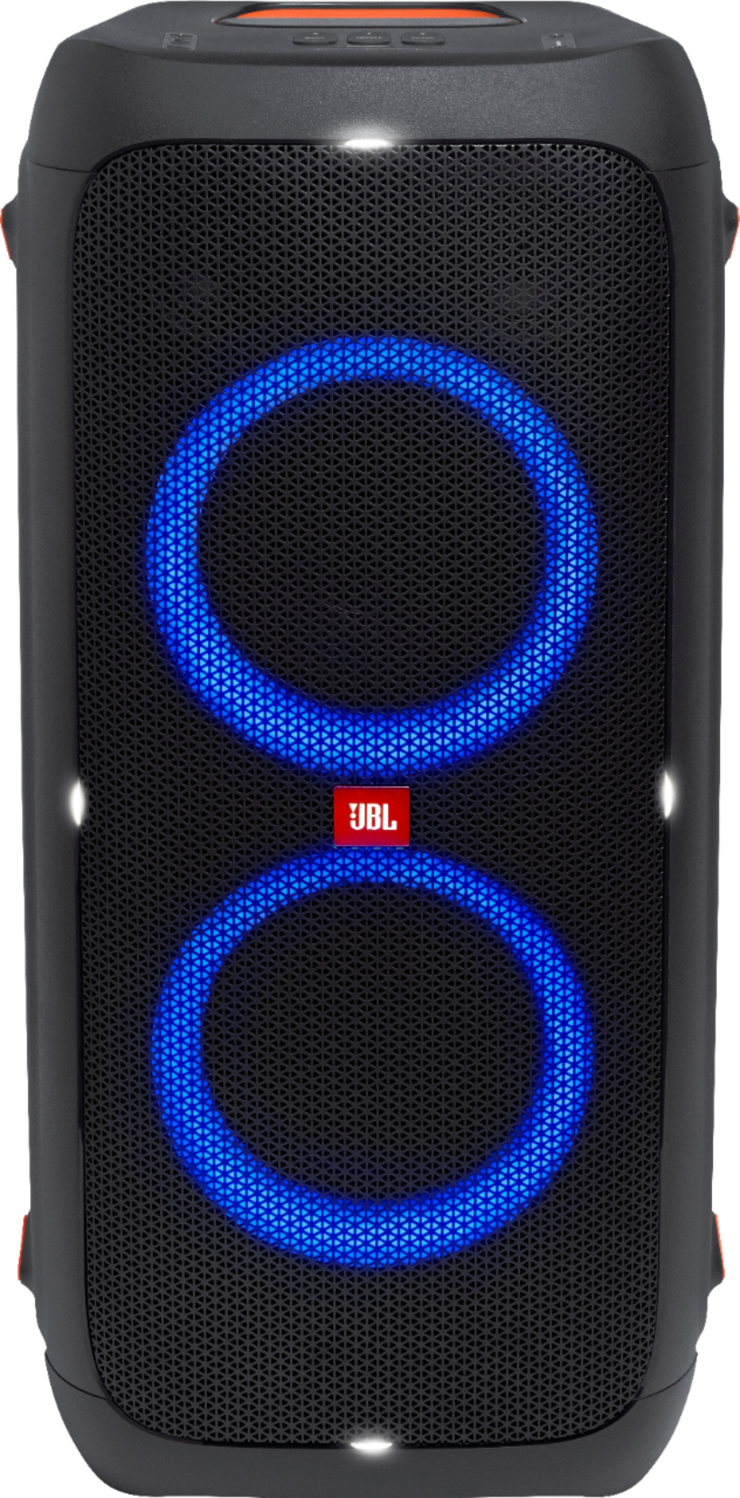 JBL PartyBox 310 portable speaker in use at outdoor backyard party with guests