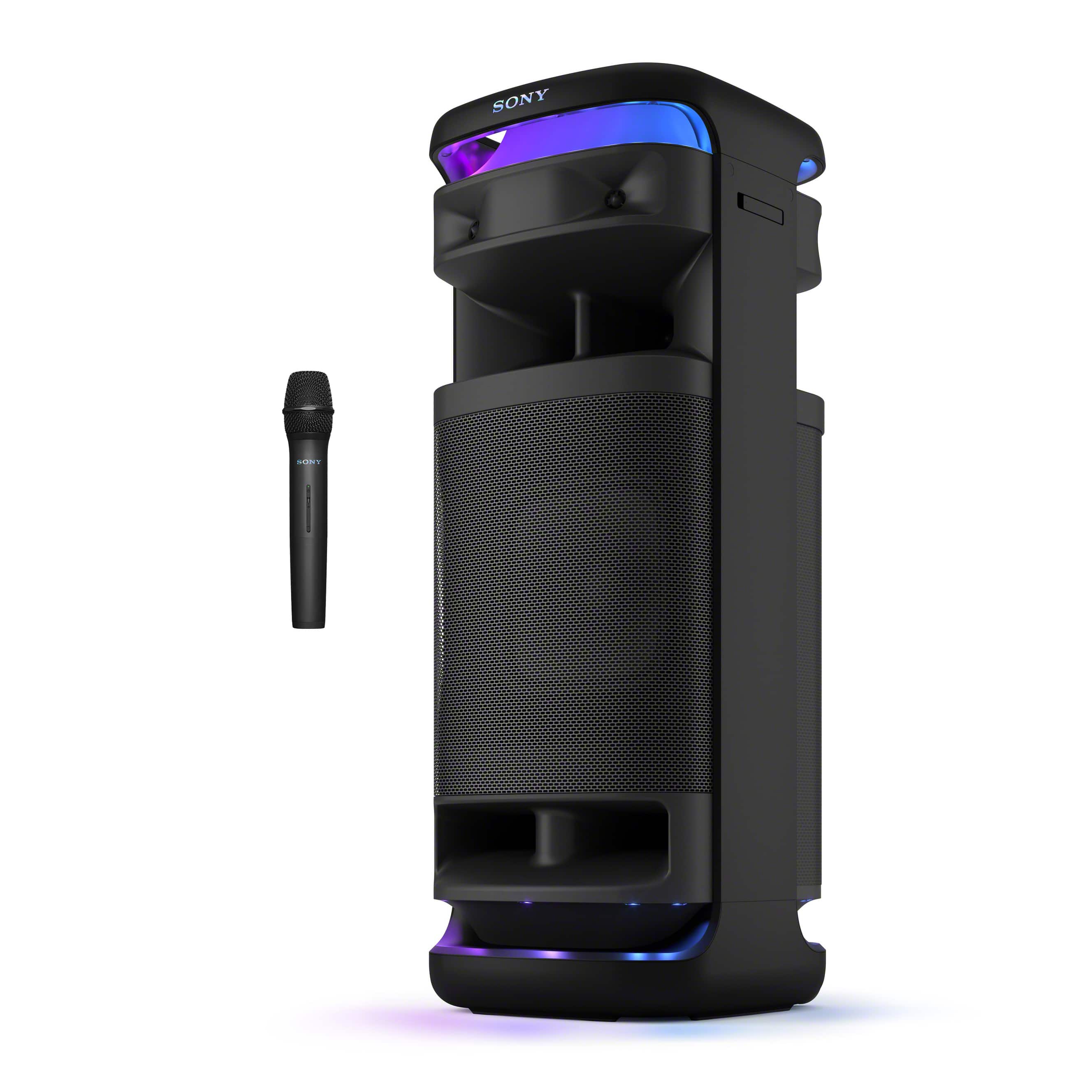 Sony ULT Tower 10 speaker in a party setting with vibrant lights and people enjoying music