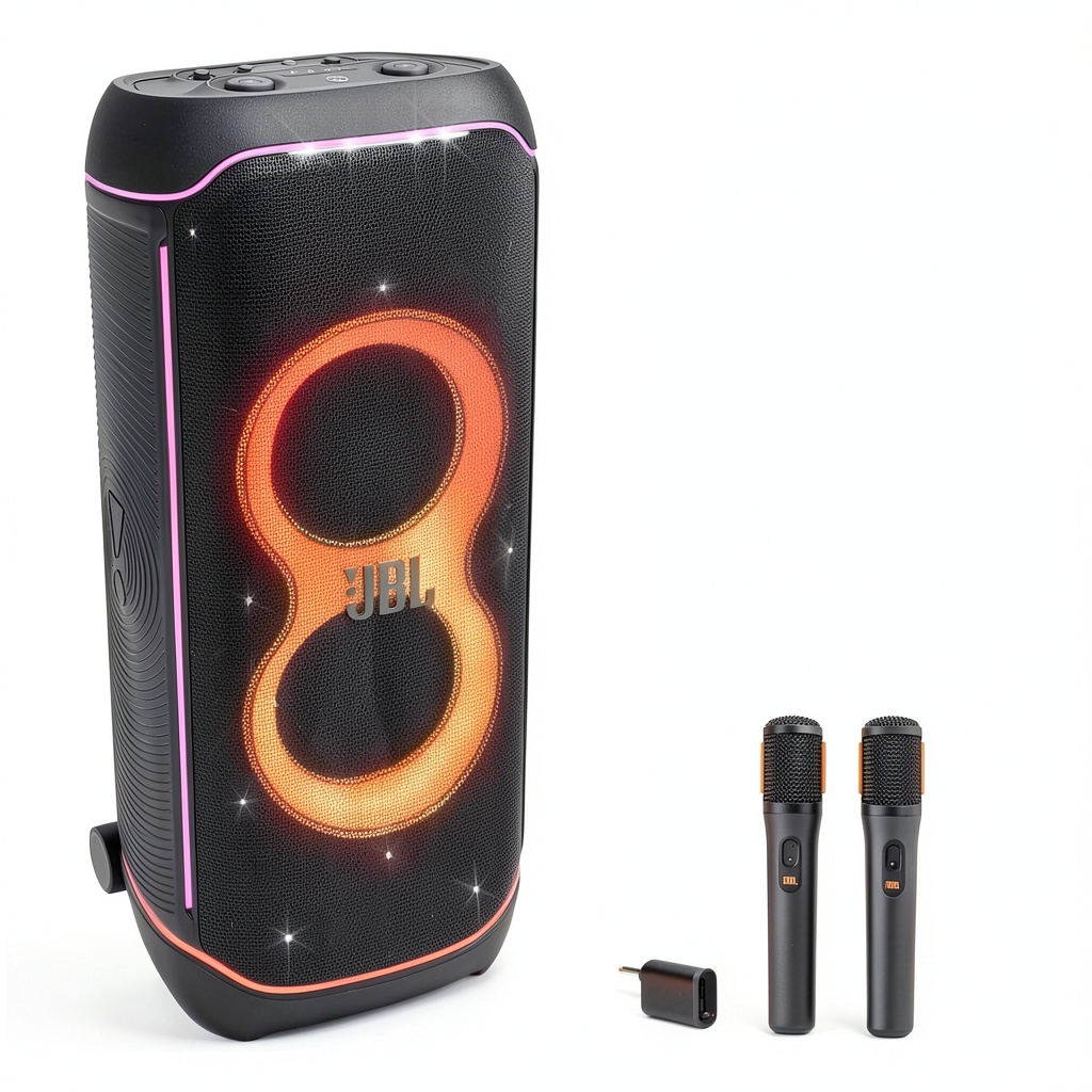 JBL PartyBox Ultimate speaker with dynamic lights in a party setting
